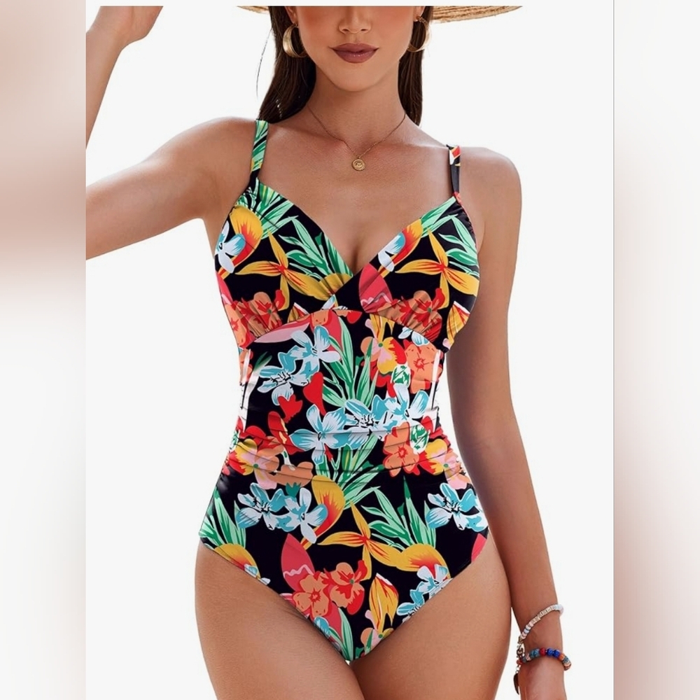 Medium AI'MAGE One Piece Ruched Swimsuit Tummy Control Floral Design